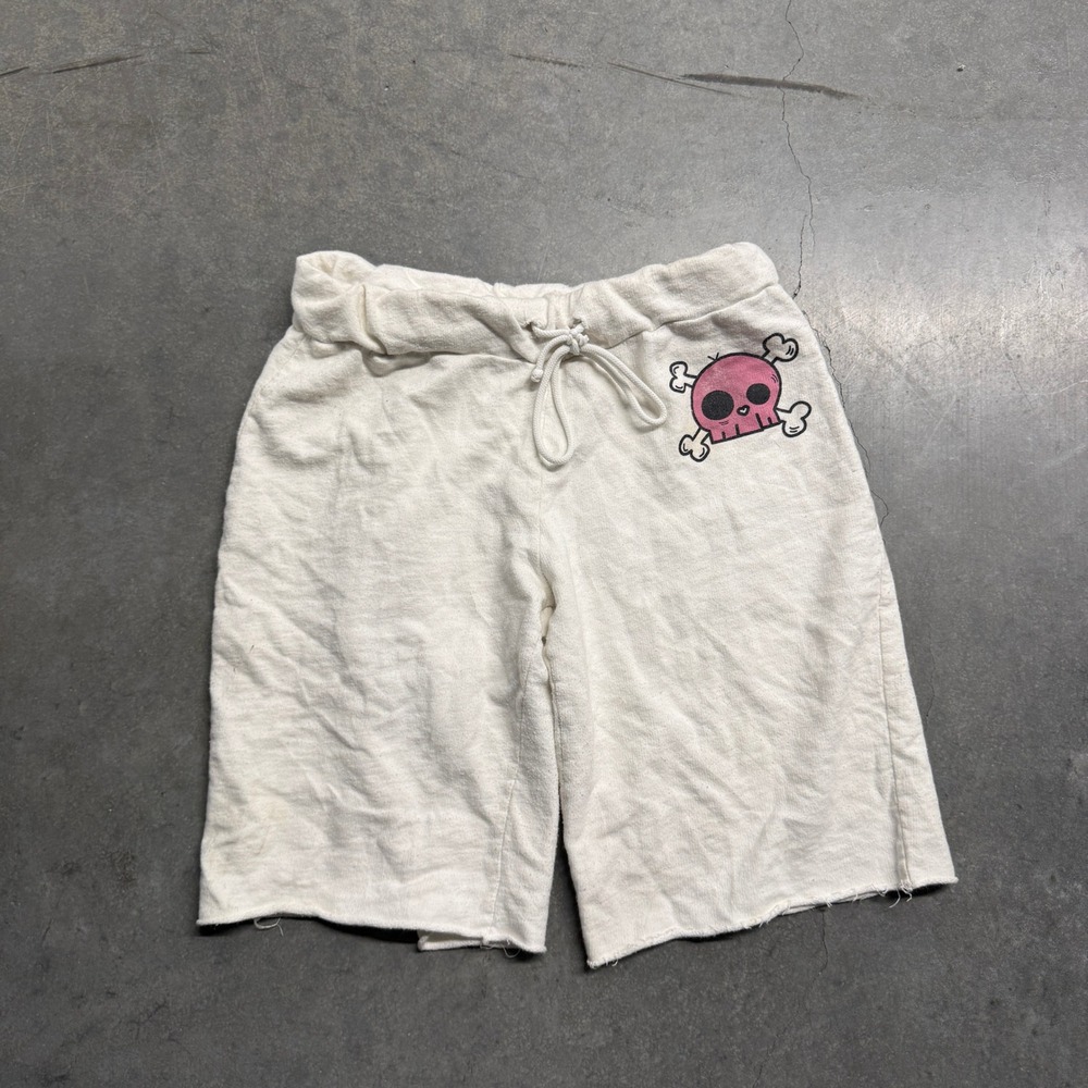 Liz in LA Womens Pink Skull Graphic Sweat Shorts Cream Y2K Raw Hem Size Large